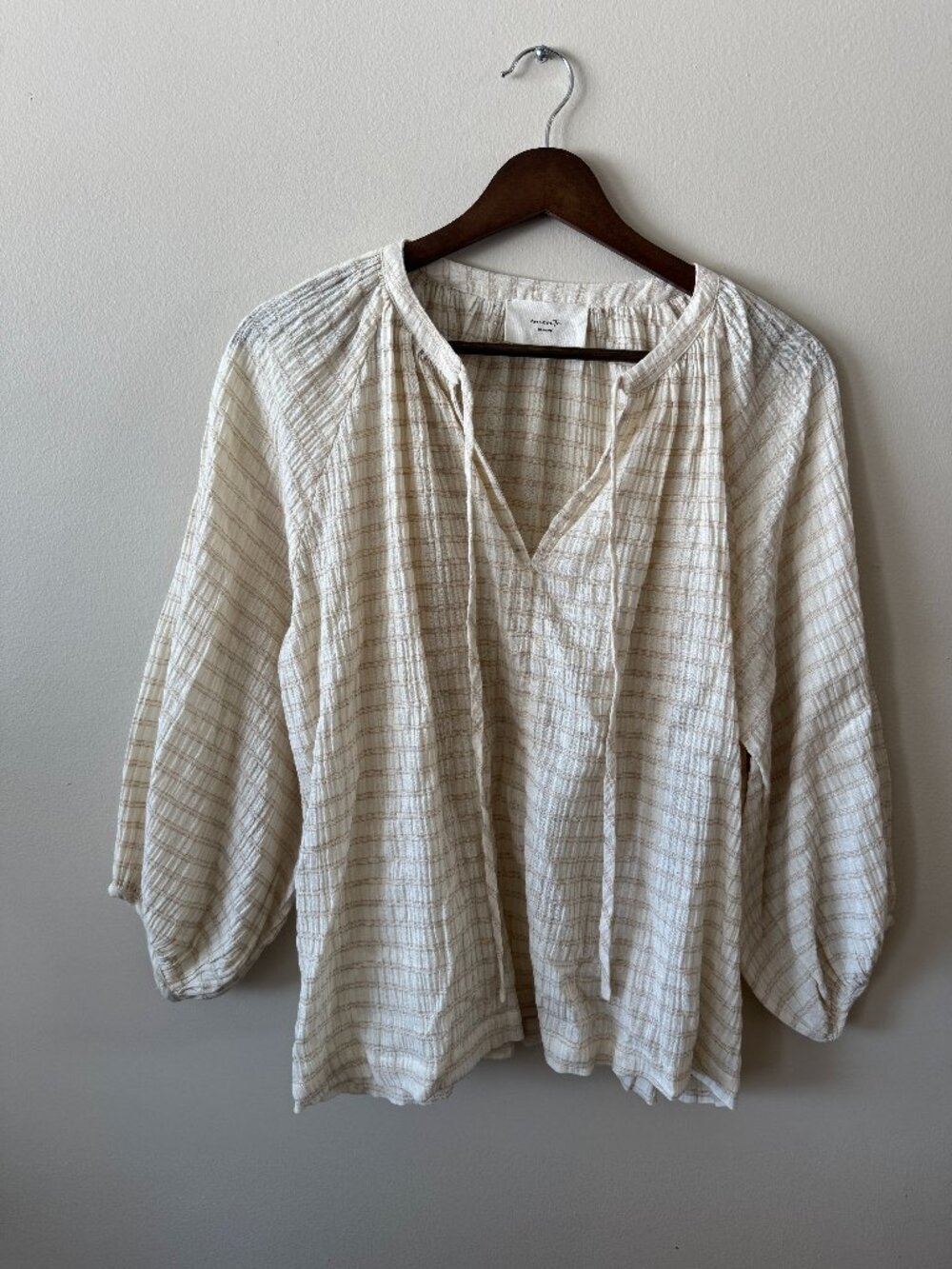 Amente Cream + Natural Stripped Peasant Blouse (cotton, linen blend)